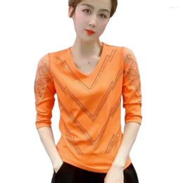 Women's T Shirts Women Summer T-shirt 2023 Female Long Sleeve Elastic Tshirt Ladies Slim Fashion Lace Gauze Net Drill Tops