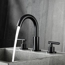 Bathroom Sink Faucets Basin Mixer Black Brass Deck Mounted Square 3 Hole Double Handle And Cold Water Taps