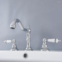 Bathroom Sink Faucets Polished Chrome Faucet Widespread 3pcs Ceramics Handles Basin 3 Holes Mixer Tap Nnf974