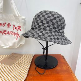 Washed Chessboard Plaid Denim Flat Top Foldable Soft Brim Bucket Hat Female New Casual Retro Bucket Hats