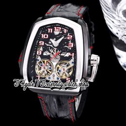 BZF Twin Turbo Mens Watch JCFM05 Twin Tourbillon Automatic DLC Black Steel Case Skeleton Dial Number Markers Black Leather Strap 2023 Super Edition eternity Watches