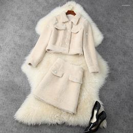 Work Dresses STREET 2023 HIGH Designer Suit Set Women's Mohair Fur Jacket Mini Skirt