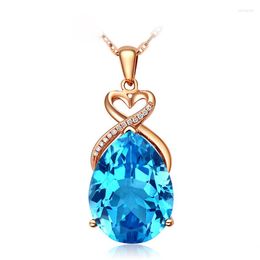 Chains European And American Style Drop-shaped Sea Blue Topaz Pendant For Women Plated With 18K Rose Gold Collarbone Necklace