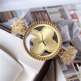 Relógios de pulso de marca completa da moda, mulheres, meninas, flor de cristal, letras grandes, estilo, luxo, metal, aço, pulseira, relógio de quartzo L79