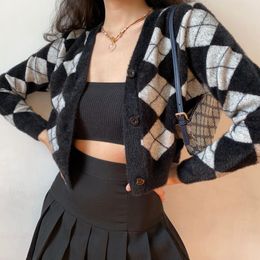 Women's Knits & Tees Cardigan Single Breasted Preppy Black Knitted Sweater Women Casual Long Sleeve Autumn Argyle Cashmere StreetwearWomen's