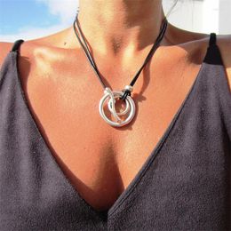 Pendant Necklaces 2023 Fashion Women Bohemian Double OT Buckle Leather Rope Necklace Simple Ring