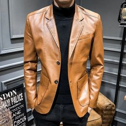 Men's Leather Faux Leather Autumn Faux Leather Suit Jackets Men Solid Motorcycle Long Sleeve Blazer Coats Fashion Casual Slim Business PU Outwear Male 230307