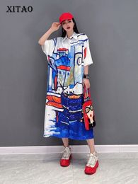 Skirts XITAO Shirt Dress Contrast Colour Painting Print Loose Fashion Loose Casual Half Sleeve Turn-down Collar Dress WMD4568 230306