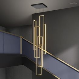 Pendant Lamps Modern Light Luxury Staircase Long Chandelier Simple Creative Gold Black Rectangular Duplex Attic Living Room Lamp