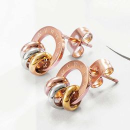 Charm Luxury brand Rose Gold Colour Roman Numerals Stainless Steel Stud Earrings For Women Girls Best Jewellery Gift Bjioux G230307