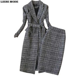 Two Piece Dress Spring Autumn Women's Wool Plaid Business Suits Long Trench Coat with Knee Length Skirts Suit Korean Formal Work Wear Outfits 230307