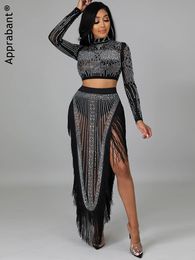 Two Piece Dress Apprabant Diamond See through Skirts Set Sexy Birthday Outfit Long sleeved Pullover Tassel Skirt Casual 2 Suits 230306