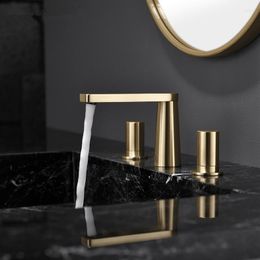 Bathroom Sink Faucets Basin Brushed Gold Mixer Tap Soild Brass Luxury Lavatory Taps & Cold Deck Mounted Widespread