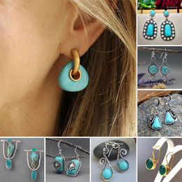 Dangle Earrings Delicate Water Drop Blue Stone Boho Tirbal Golden Metal Silver Colour Triangle Jewellery Trendy 2023