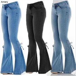 Wholesale Plus Size Womens Jeans Spring Autumn Mid Waist Lace Up Denim Stretch Women Flare Pants Trousers Capris Female Outfits XXXL XXXXL