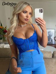 Women's Tanks Camis Darlingaga Y2K Fashion Strap Skinny Blue Corset Lace Top Female Backless Bandage Sexy Crop Tops Camis Transparent Hook Bralette 230307