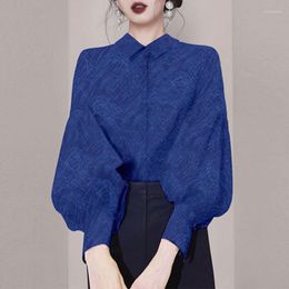 Women's Blouses Vintage Blouse Women Elegant Fashion Lantern Sleeve Shirt Lady Lapel Loose Striped Tops Blue Button Up Womens