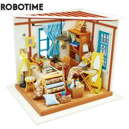 Doll House Accessories Robotime DIY Lisa Tailor Shop With Furniture Children Adult Grils Doll House Miniature Dollhouse Wooden Kits Toy DG101 230307