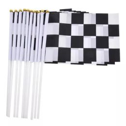 Racing Schwarz-Weiß-Gitter-Handsignalflaggen, kariert, karierte Handwellenflaggen, 14 x 21 cm, Banner mit Fahnenmast, Festival-Dekoration. NEU