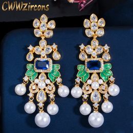 Ear Cuff CWWZircons Flowers Cubic Zircon CZ Long Dangle Pearl Earrings for Women African Bridal Earring aretes de mujer modernos CZ656 230306