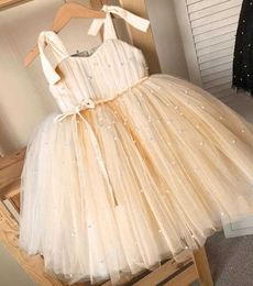 Girl's Dresses Baby Girl Dress Toddler Girls Beading Blue Gown Infant One Year Birthday Party Tulle Frock Flower Girl Dress For Wedding