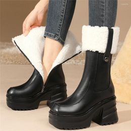 Dress Shoes High Top Creepers Women Genuine Leather Heel Platform Pumps Female Winter Warm Fur Round Toe Motorcycle Boots Casual