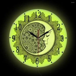 Wall Clocks Crescent Moon LED Lighting Clock For Living Room Ethnic Folkloric Zodiac Mandala Bohemian Home Decor Glowing Watch