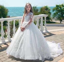 Vintage White Ivory Lace Girls First Communion Dress Long Sleeve Flower Girl Dresses Ball Gown Kids Pageant Gown Size 2-14Y