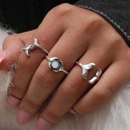 Band Rings DIEZI Christmas Gift Silver Colour Opal Knuckle Joint Rings Set For Women Geometric Vintage Whale Charm Rings Bohemian Jewellery 7 AA230306