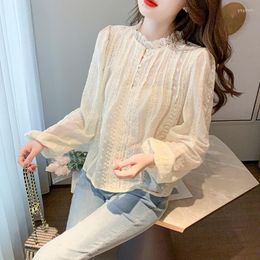 Women's Blouses Chiffon Ruffles Women's Blouse Lace Splicing Loose Shirt Summer Long Sleeve Top Casual Fashion 2023 Korean Style