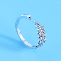 Cluster Rings Stone Leaves Open Ring Silver-Plate Exquisite Jewellery Gift Cocktail Party Leaf Crystal Zircon Bague Femme Reglable