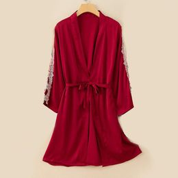 Women's Sleepwear Burgundy Lace Bathrobe Women Satin Robe Loungewear Summer Casual Kimono Gown Nightgown Home Clothes