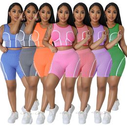 2024 Designer Summer Tracksuits Two 2 Pieces Sets Women Striped Outfits Sleeveless Tank Top Vest and Shorts Matching Sets Casual Sportswear Wholesale clothes 9411