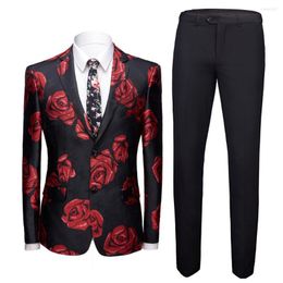 Men's Suits Floral Printed Men Blazers And Pants Street Event Casual Business Suit Plus Size Slim Fit Male 2 Pieces Set