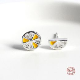 Stud Earrings LKO Real 925 Sterling Silver Asymmetry Lemon Japan Korea Style Lovely Originality Fruits Ear Studs Jewellery Accessories