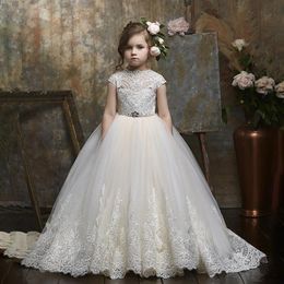 New Cap Sleeves Ballgown Flower Girl Dress 2020 Keyhole Back Sweep Train First Communion Dress for Kids Toddler Infant Lace Appliques Custom