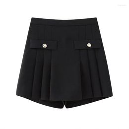 Women's Shorts ZATRHMBM Women 2023 Spring Fashion Wide Pleated Culottes Vintage Side Zipper Black Female Short Pants Mujer