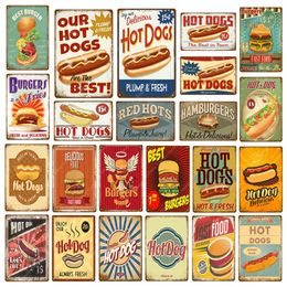 Delicious Hot Dogs tin sign Metal Signs Fast Food Burgers Wall Plaque Hotel Cafe Family House Home Decor Vintage Hamburgers personalized Poster Size 30X20CM w02