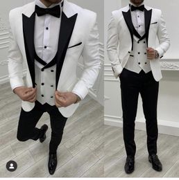 Men's Suits White Blazer Black Peaked Lapel Trousers Slim Fit Bridegroom Men Costume Homme Wedding Wear Tuxedos 3Pcs Jacket Pants Vest