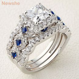 Wedding Rings she 3 Pcs Set for Women 925 Silver 2 6Ct Princess Cut White Blue AAAAA CZ Luxury Bridal Engagement Ring 230307