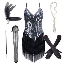 Skirts Women's 1920s Black Sequins Beaded Fringed Gatsby Theme Roaing Arc Wedding Party Flapper Tassel Dress with Accessories Set 230306