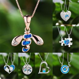 Pendant Necklaces Unique Female Blue Opal Necklace Charm Silver Colour Chain For Women Luxury Bride Geometry Wedding NecklacePendant