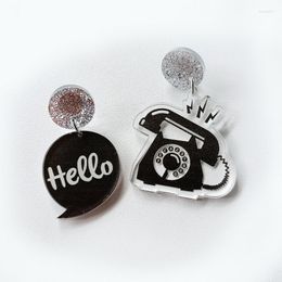 Stud Earrings Personality Cartoon Acrylic Hello Telephone Ear For Women Girl Black White Creative Design Earring Gift