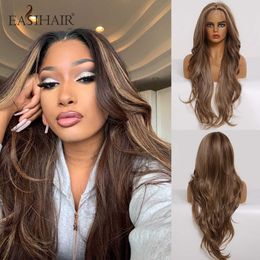 Synthetic Wigs Easihair Long Brown Highlight Lace Front Synthetic Wigs with Baby Hair for Women High Density Daily Heat Resistant Wig 230227