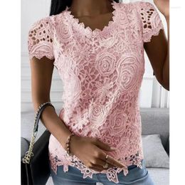 Women's Blouses Loose Short Sleeve Lace Blouse Women 2023 Summer Top Vintage Embroidery White Shirt Woman Casual O Neck S-5XL 24737