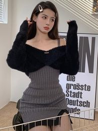 Casual Dresses 2023 Spring Y2k Two Peices Set Sexy Elegant Long Sleeve Sweater Pullovers Women Knitted Split Mini Female Cute Vestido