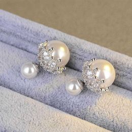 Charm Vintage Fashion Sliver Lace Zircon Double Pearl Stud Earrings Two Wear Ways For Women Elegant Gifts 2019 New G230307