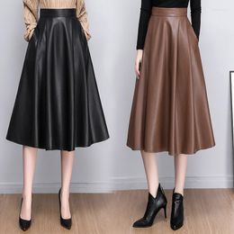 Skirts Medium Long Pu Leather Skirt Womens High Waist Elegant Fashion A Line Pleated Vintage Office Ladies Midi 2023