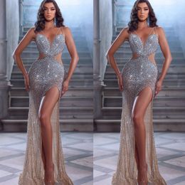 Luxurious Beading Mermaid Prom Dresses Sexy Deep V Neck Sleeveless Evening Gown Custom Made Champagne High Split Party Dress