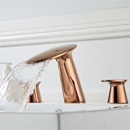 Bathroom Sink Faucets Rose Gold Basin Faucet Mixer Cold Brushed Brass Widespread 3 Holes